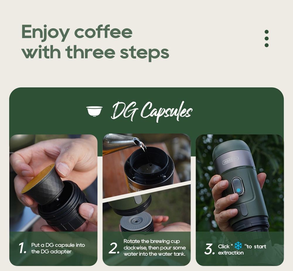 Bezdrátový přenosný espresso kávovar HiBREW H4B 3 v 1, tlak 15 barů, dobíjecí baterie 2200 mAh, s adaptérem a úložným pouzdrem.