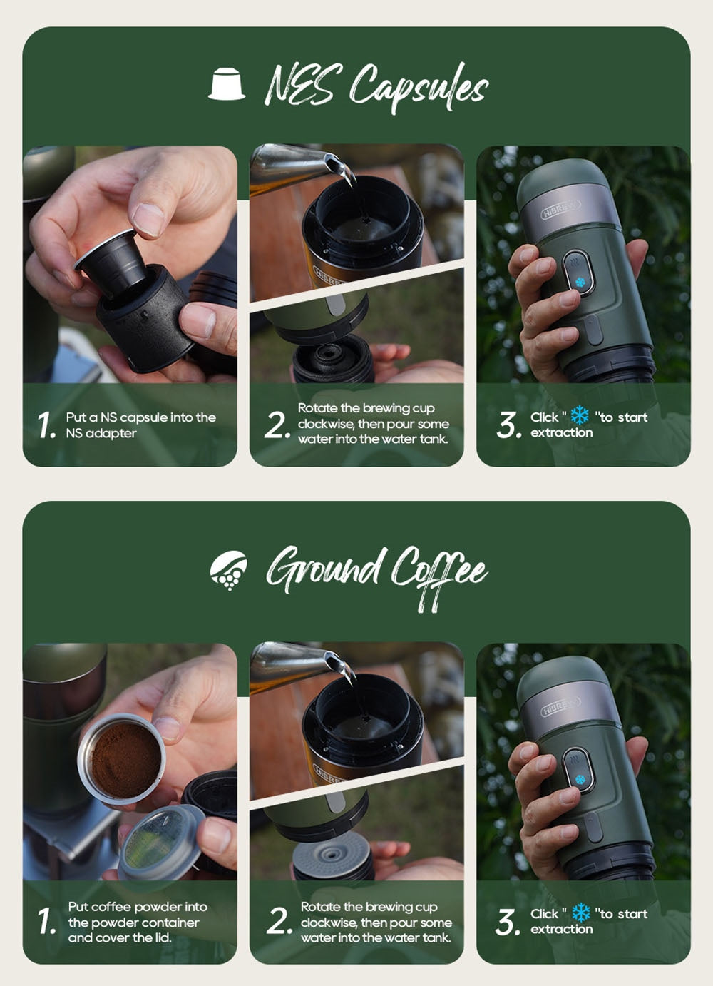 Bezdrátový přenosný espresso kávovar HiBREW H4B 3 v 1, tlak 15 barů, dobíjecí baterie 2200 mAh, s adaptérem a úložným pouzdrem.