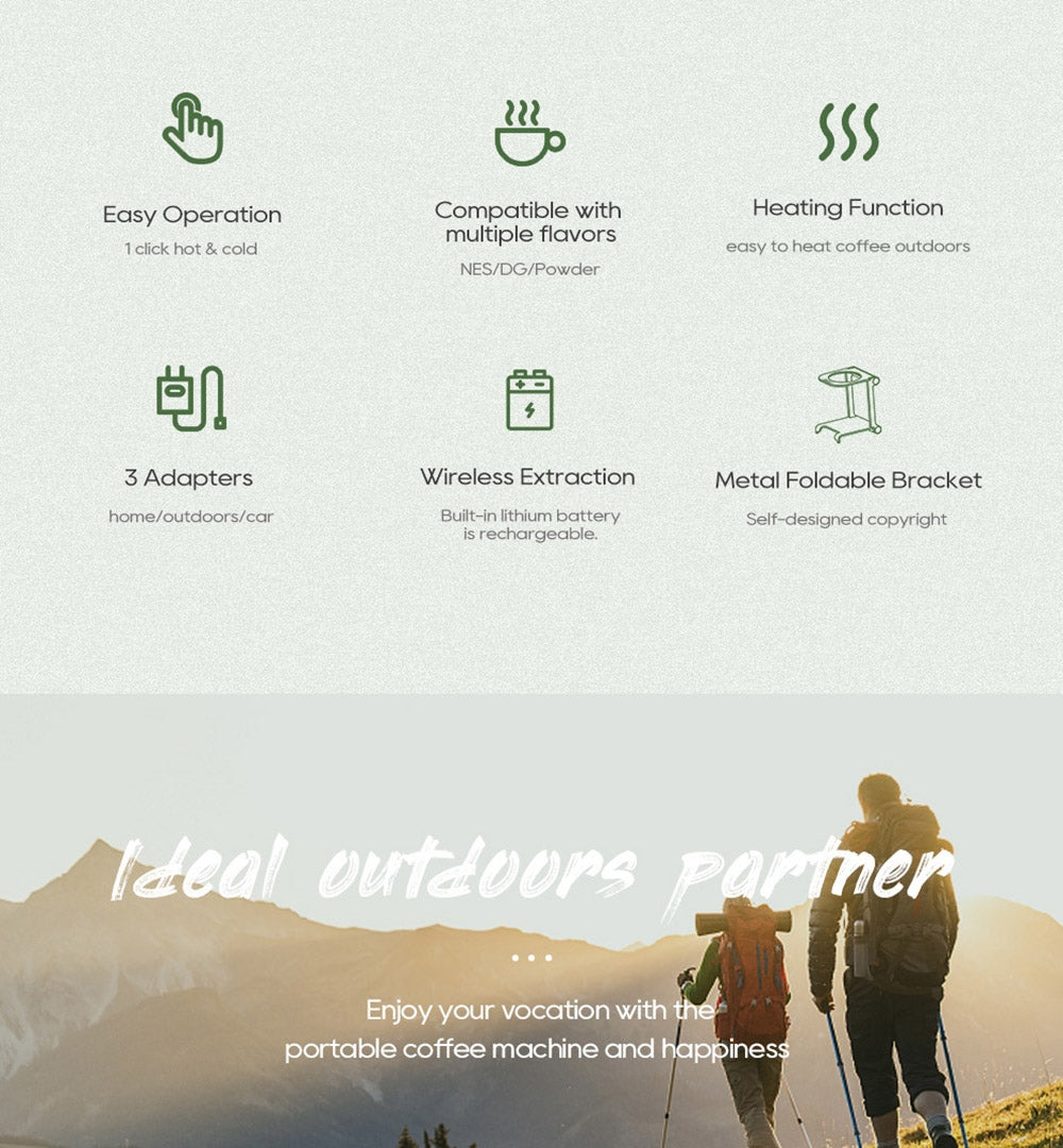 Bezdrátový přenosný espresso kávovar HiBREW H4B 3 v 1, tlak 15 barů, dobíjecí baterie 2200 mAh, s adaptérem a úložným pouzdrem.