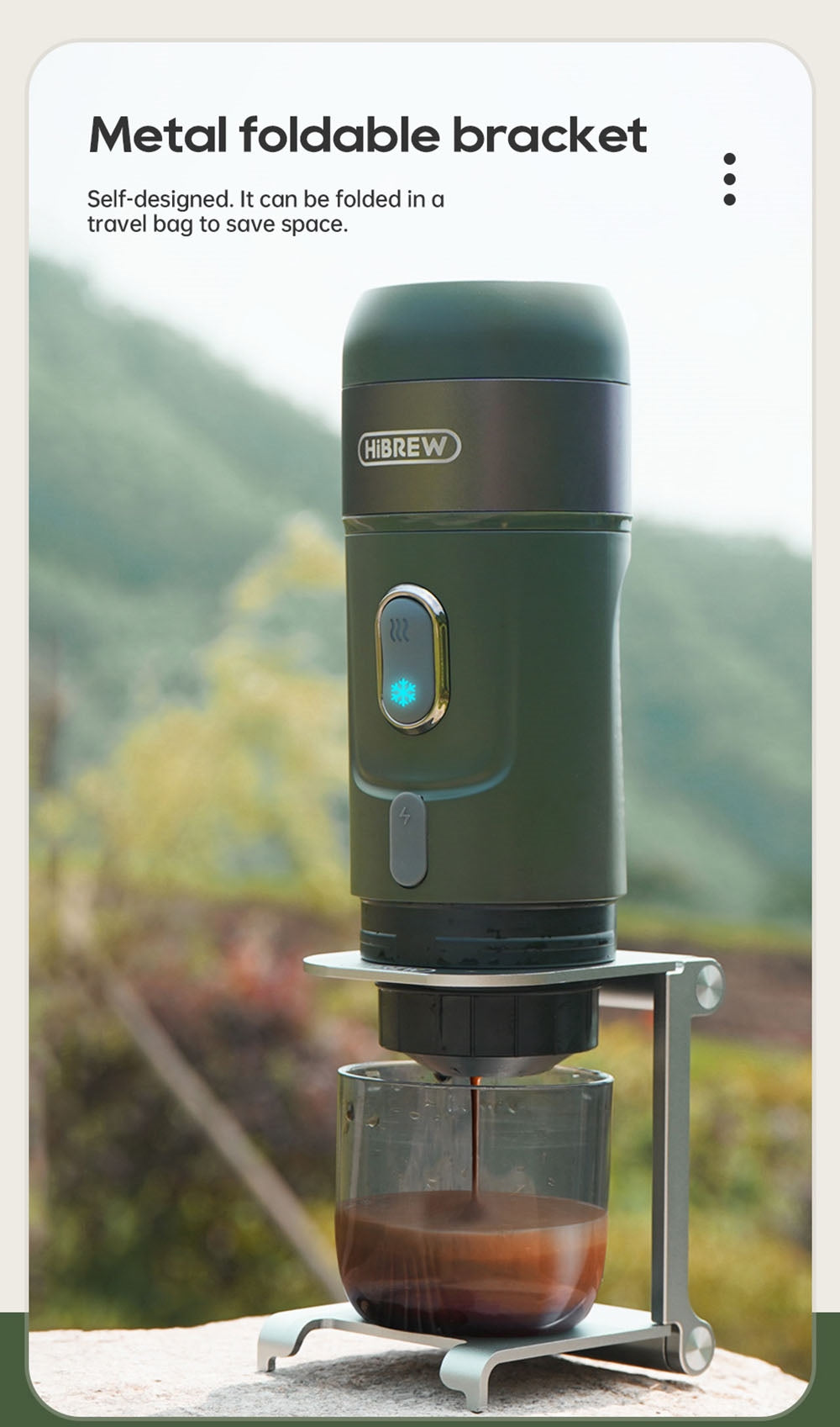 Bezdrátový přenosný espresso kávovar HiBREW H4B 3 v 1, tlak 15 barů, dobíjecí baterie 2200 mAh, s adaptérem a úložným pouzdrem.