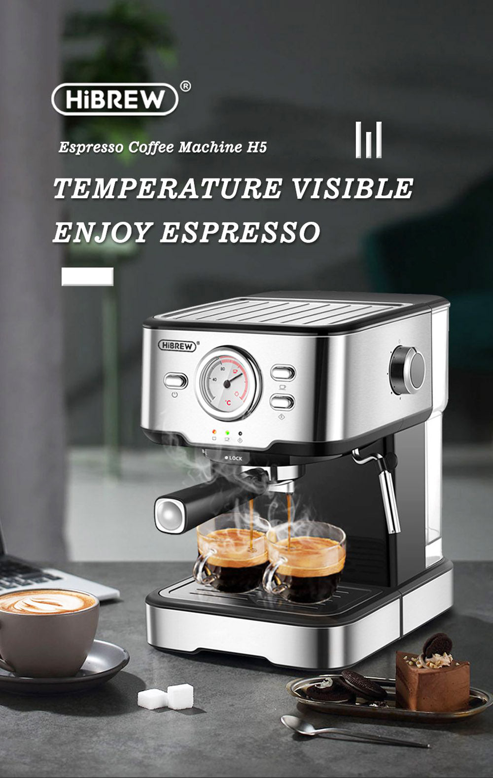 Kávovar HiBREW H5 1050W, 20barový poloautomatický kávovar na cappuccino espresso, objem 1,5 l, displej teploty
