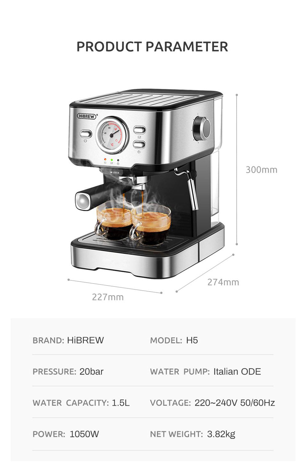 Kávovar HiBREW H5 1050W, 20barový poloautomatický kávovar na cappuccino espresso, objem 1,5 l, displej teploty
