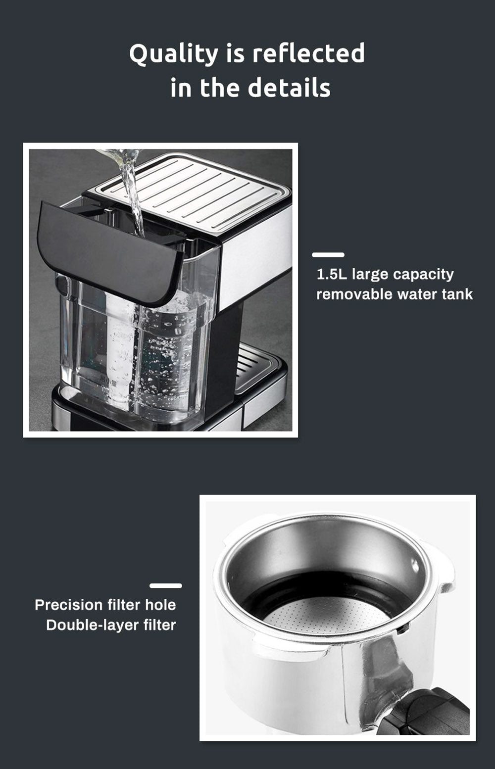 Kávovar HiBREW H5 1050W, 20barový poloautomatický kávovar na cappuccino espresso, objem 1,5 l, displej teploty