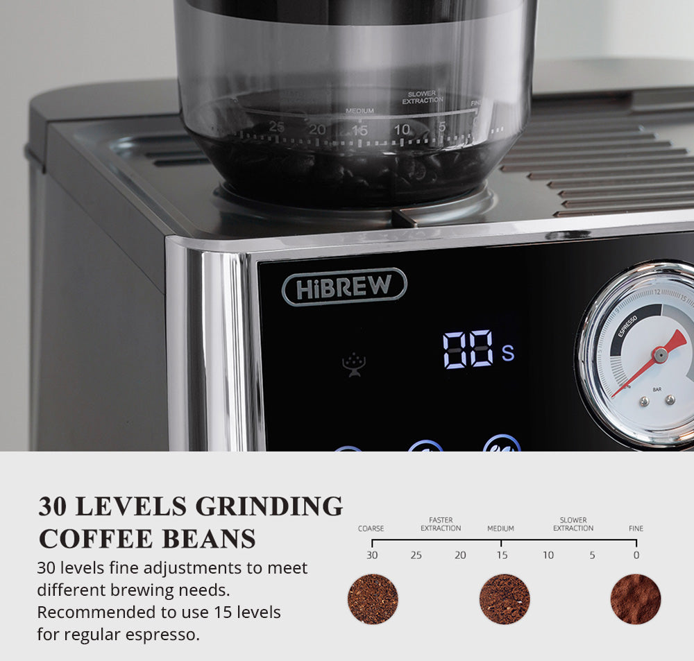 Kávovar HiBREW H7A, espresso kávovar, tlak 20 barů, systém duálního bojleru, mlýnek s 30 úrovněmi, kapacita kávových zrn 250 g, dotykový LCD displej