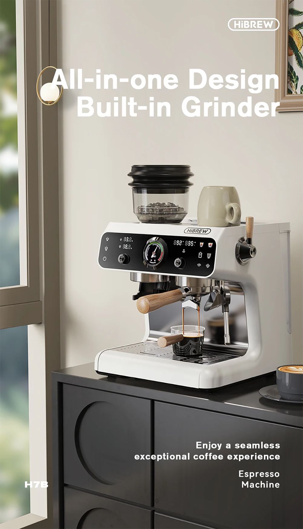 Espresso kávovar HiBREW H7B, systém dvojitého ohřevu, portafiltr 58 mm, vestavěný mlýnek s 30 nastaveními velikosti, dotyková obrazovka, pro kavárnu, hotel a restauraci