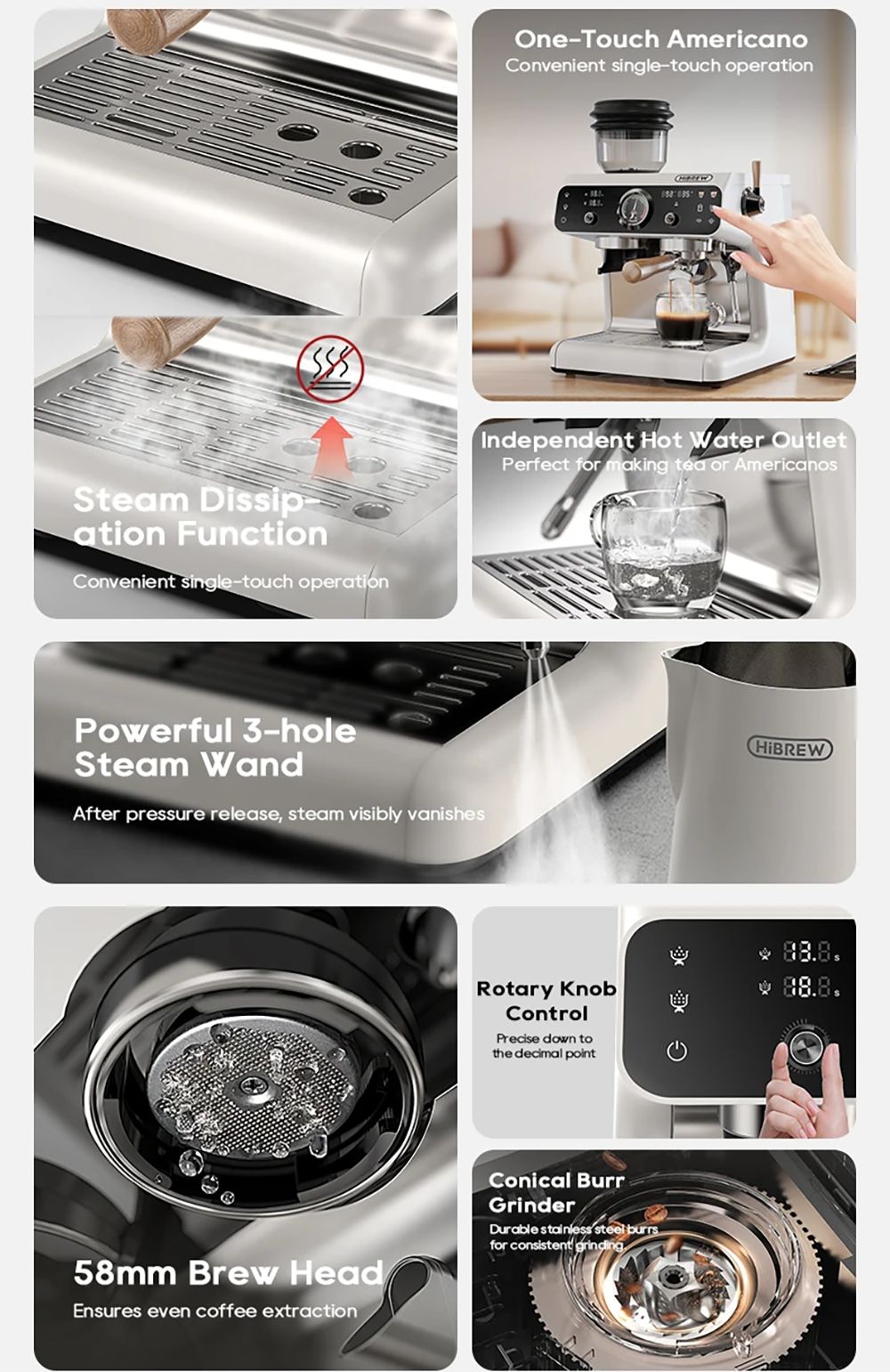 Espresso kávovar HiBREW H7B, systém dvojitého ohřevu, portafiltr 58 mm, vestavěný mlýnek s 30 nastaveními velikosti, dotyková obrazovka, pro kavárnu, hotel a restauraci