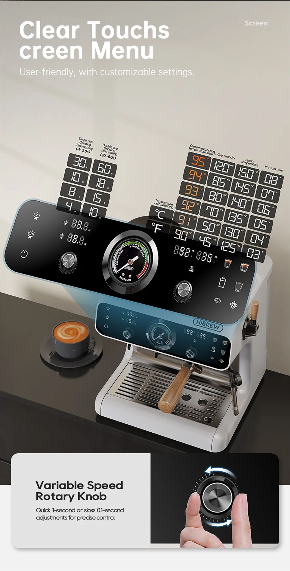 Espresso kávovar HiBREW H7B, systém dvojitého ohřevu, portafiltr 58 mm, vestavěný mlýnek s 30 nastaveními velikosti, dotyková obrazovka, pro kavárnu, hotel a restauraci