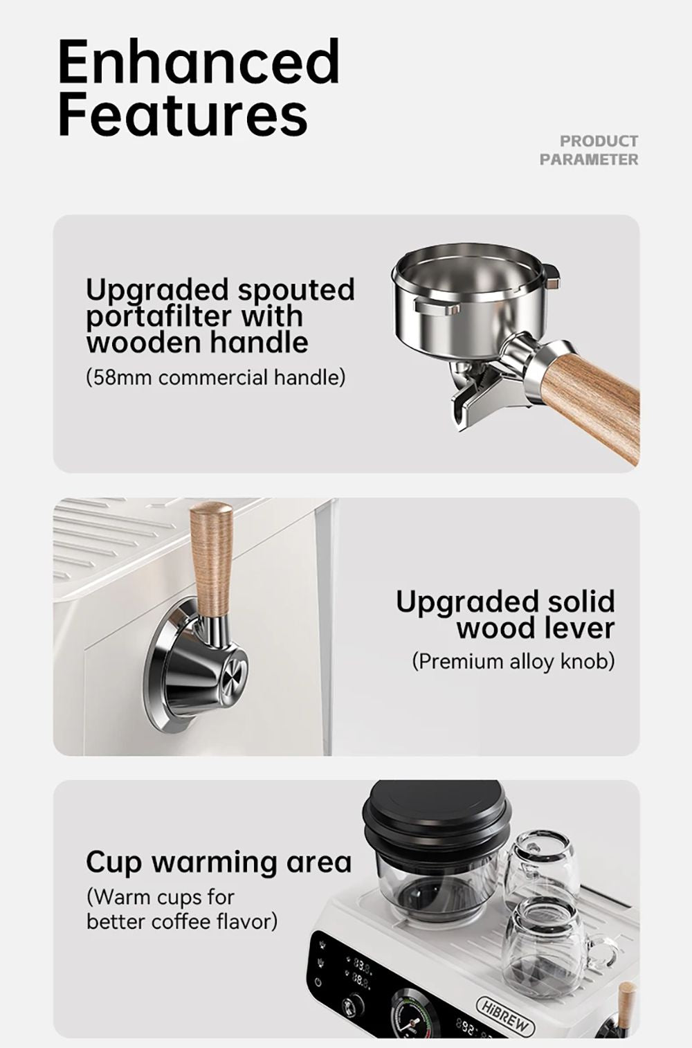 Espresso kávovar HiBREW H7B, systém dvojitého ohřevu, portafiltr 58 mm, vestavěný mlýnek s 30 nastaveními velikosti, dotyková obrazovka, pro kavárnu, hotel a restauraci