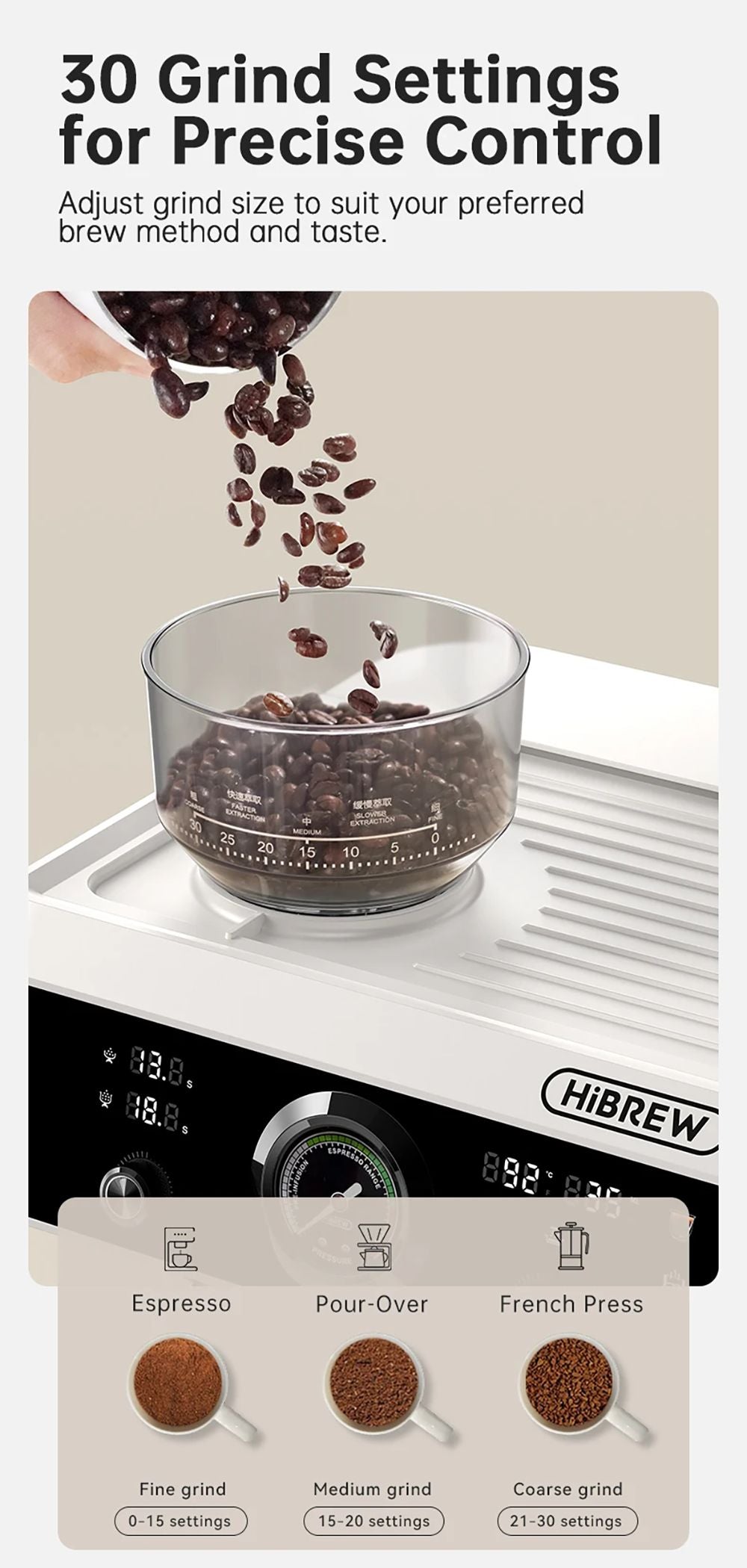 Espresso kávovar HiBREW H7B, systém dvojitého ohřevu, portafiltr 58 mm, vestavěný mlýnek s 30 nastaveními velikosti, dotyková obrazovka, pro kavárnu, hotel a restauraci