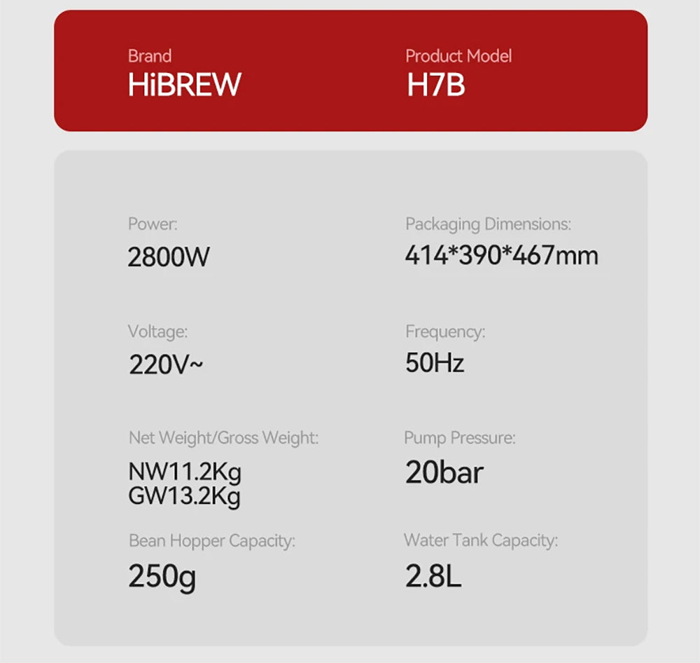 Espresso kávovar HiBREW H7B, systém dvojitého ohřevu, portafiltr 58 mm, vestavěný mlýnek s 30 nastaveními velikosti, dotyková obrazovka, pro kavárnu, hotel a restauraci