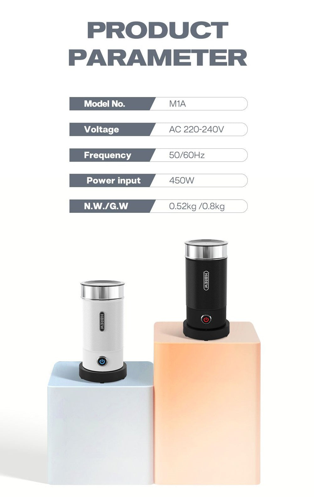 HiBREW M1A 450W napěňovač mléka, pěnicí stroj, mixér na čokoládu, studené/horké latte cappuccino, plně automatický ohřívač mléka - černý