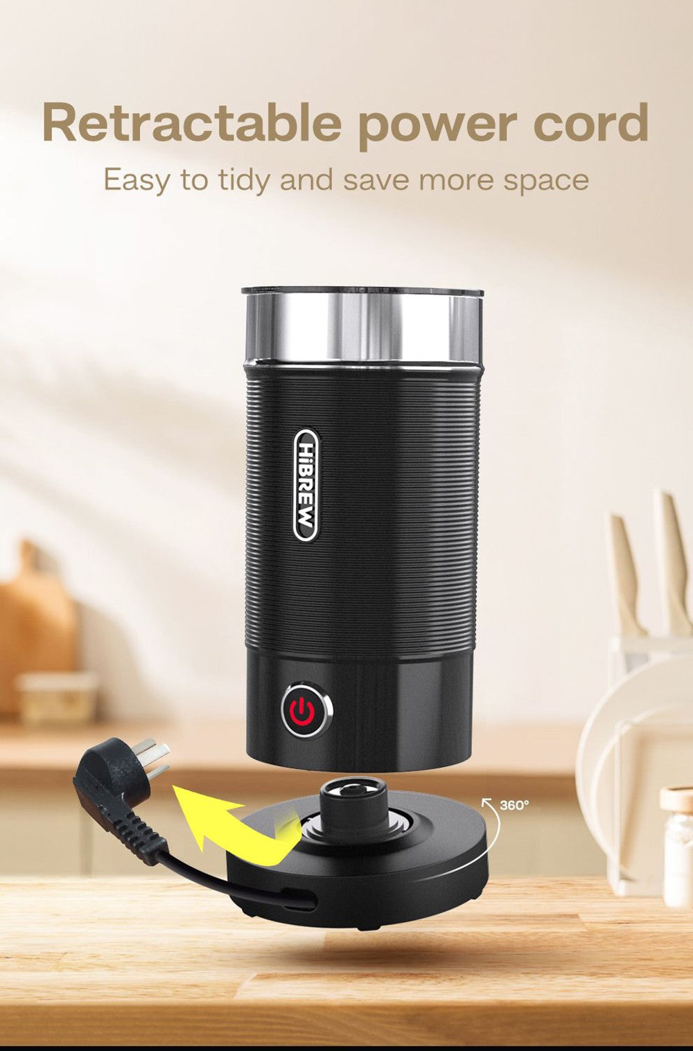 HiBREW M1A 450W napěňovač mléka, pěnicí stroj, mixér na čokoládu, studené/horké latte cappuccino, plně automatický ohřívač mléka - černý