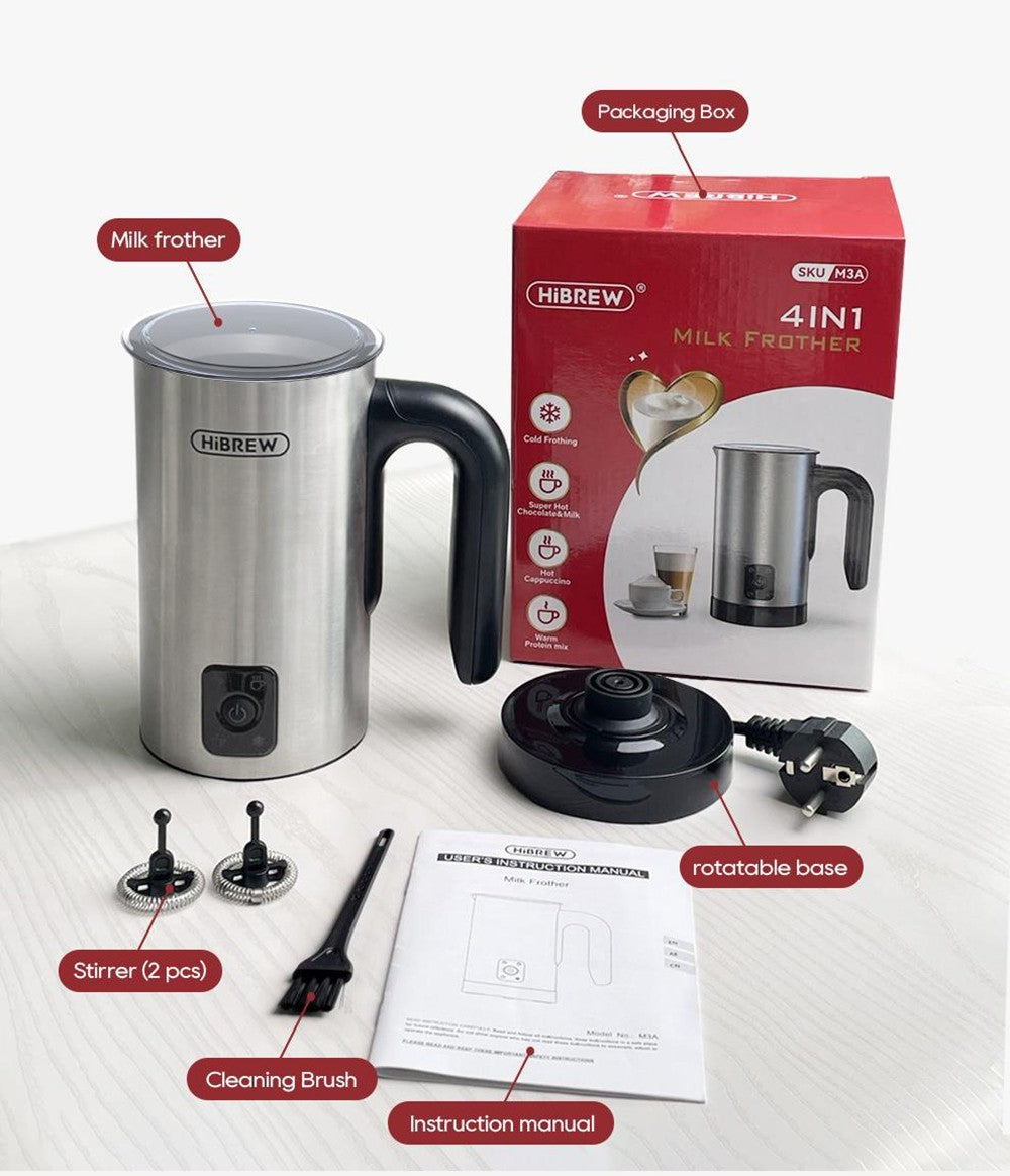HiBREW M3A 4 v 1 napěňovač mléka, plně automatický ohřívač mléka, napěňování studeného/horkého mléka, objem napěňování 130 ml, objem ohřevu mléka 300 ml