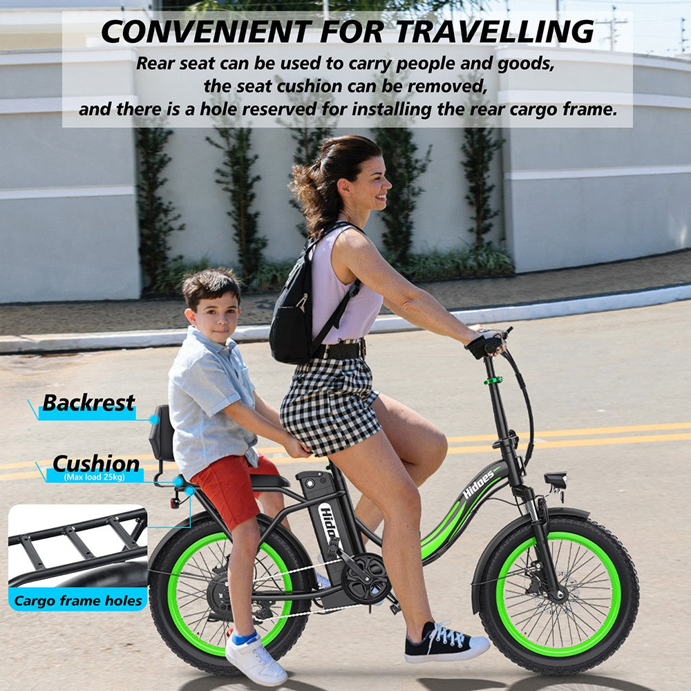 Elektrické kolo Hidoes C1 se zadním sedadlem, motor 750 W, baterie 48 V 13 Ah, tlusté pneumatiky 20*3 palce, maximální rychlost 40 km/h, dojezd 70 km, přední a zadní kotoučová brzda