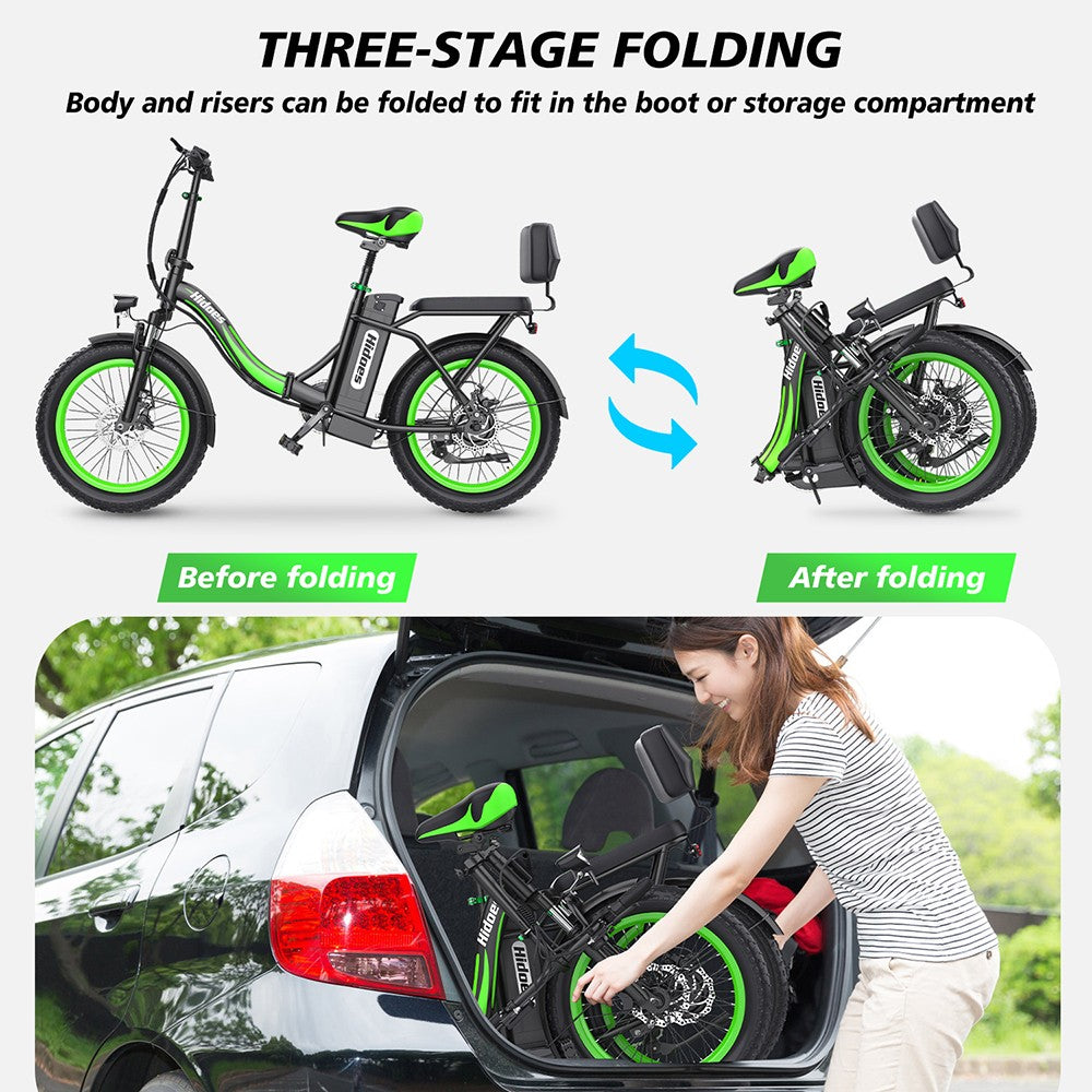 Elektrické kolo Hidoes C1 se zadním sedadlem, motor 750 W, baterie 48 V 13 Ah, tlusté pneumatiky 20*3 palce, maximální rychlost 40 km/h, dojezd 70 km, přední a zadní kotoučová brzda