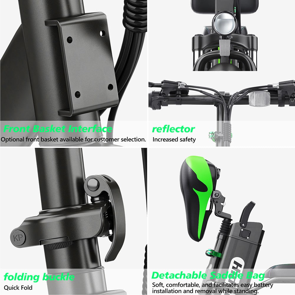 Elektrické kolo Hidoes C1 se zadním sedadlem, motor 750 W, baterie 48 V 13 Ah, tlusté pneumatiky 20*3 palce, maximální rychlost 40 km/h, dojezd 70 km, přední a zadní kotoučová brzda