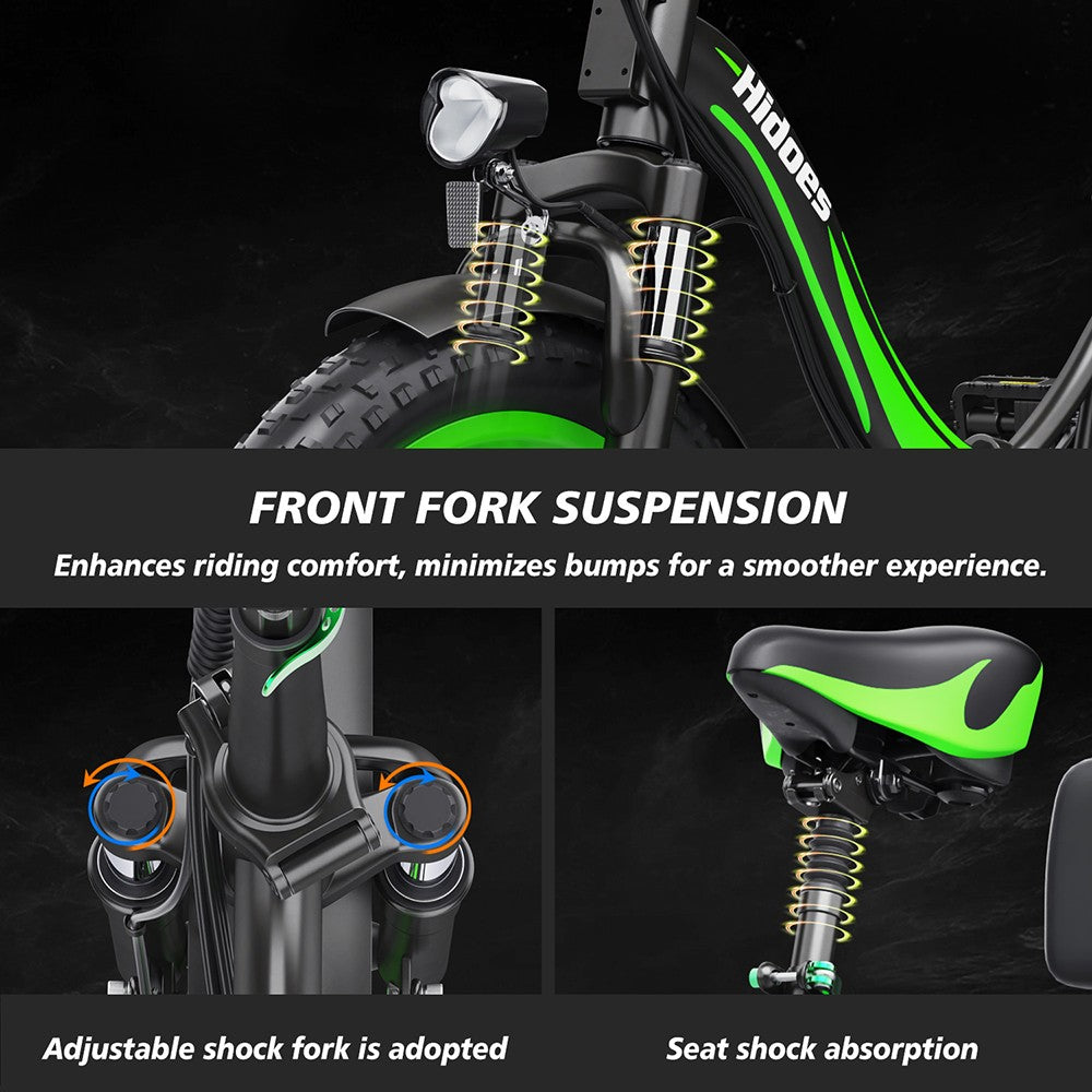 Elektrické kolo Hidoes C1 se zadním sedadlem, motor 750 W, baterie 48 V 13 Ah, tlusté pneumatiky 20*3 palce, maximální rychlost 40 km/h, dojezd 70 km, přední a zadní kotoučová brzda