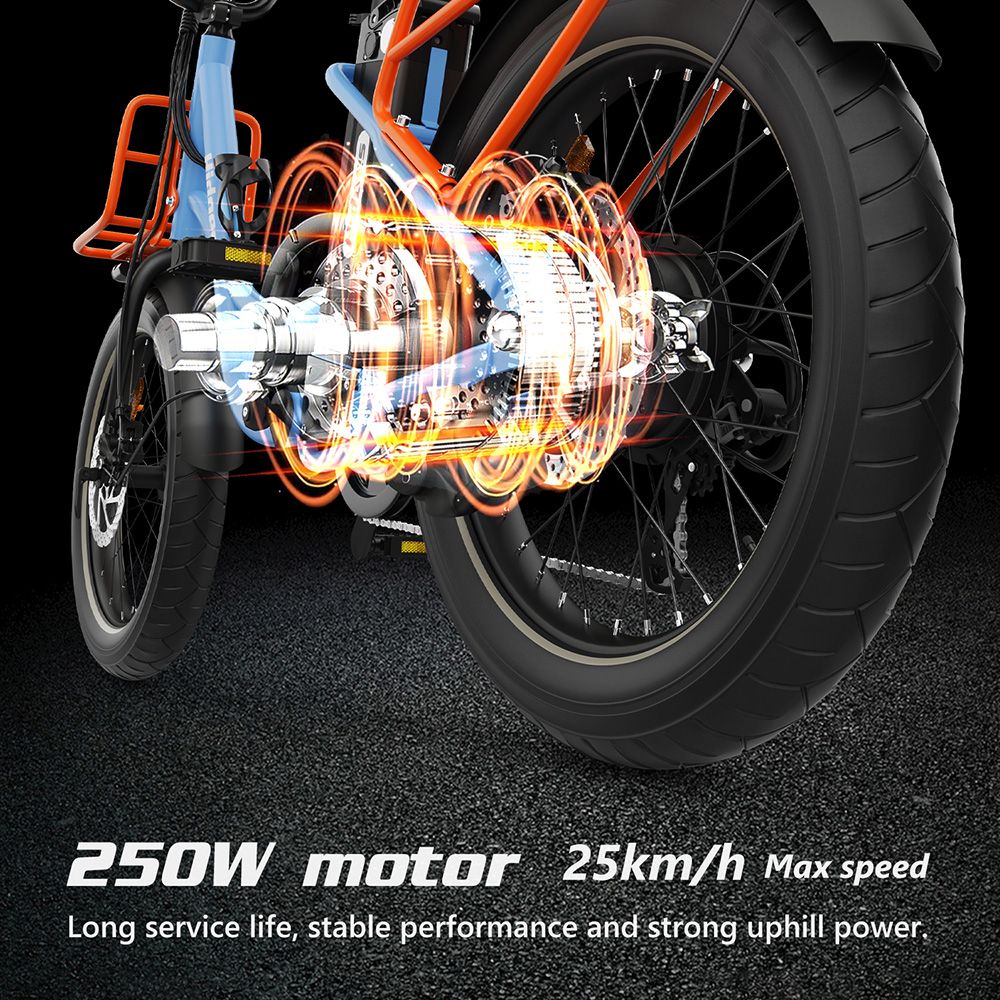 Elektrokolo Hidoes C6, motor 250 W, baterie 36 V 13 Ah, pneumatiky 20 x 3 palce, maximální rychlost 25 km/h, dojezd 35 km, mechanické kotoučové brzdy vpředu a vzadu, řazení Shimano 7 rychlostí, LCD displej