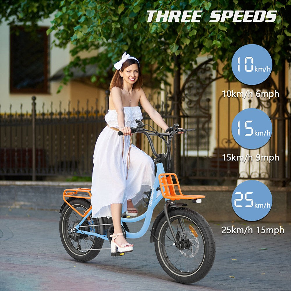 Elektrokolo Hidoes C6, motor 250 W, baterie 36 V 13 Ah, pneumatiky 20 x 3 palce, maximální rychlost 25 km/h, dojezd 35 km, mechanické kotoučové brzdy vpředu a vzadu, řazení Shimano 7 rychlostí, LCD displej