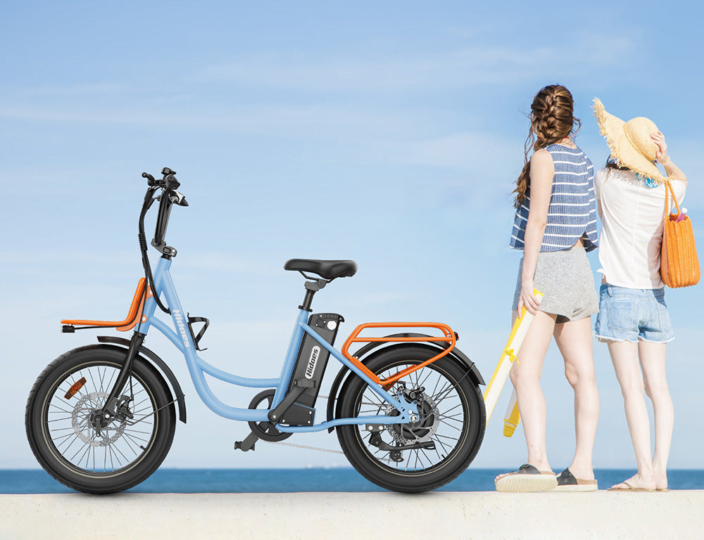 Elektrokolo Hidoes C6, motor 250 W, baterie 36 V 13 Ah, pneumatiky 20 x 3 palce, maximální rychlost 25 km/h, dojezd 35 km, mechanické kotoučové brzdy vpředu a vzadu, řazení Shimano 7 rychlostí, LCD displej