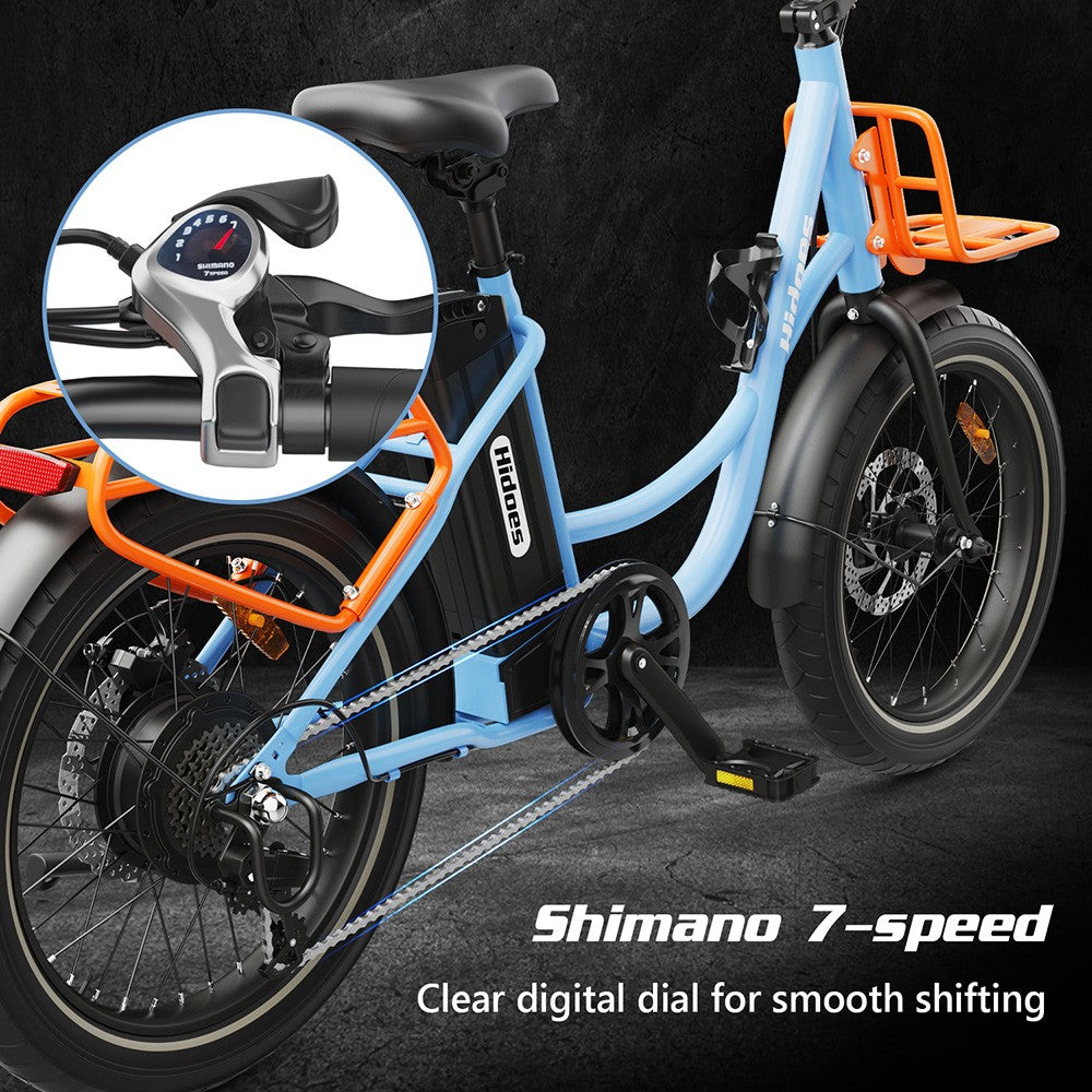 Elektrokolo Hidoes C6, motor 250 W, baterie 36 V 13 Ah, pneumatiky 20 x 3 palce, maximální rychlost 25 km/h, dojezd 35 km, mechanické kotoučové brzdy vpředu a vzadu, řazení Shimano 7 rychlostí, LCD displej