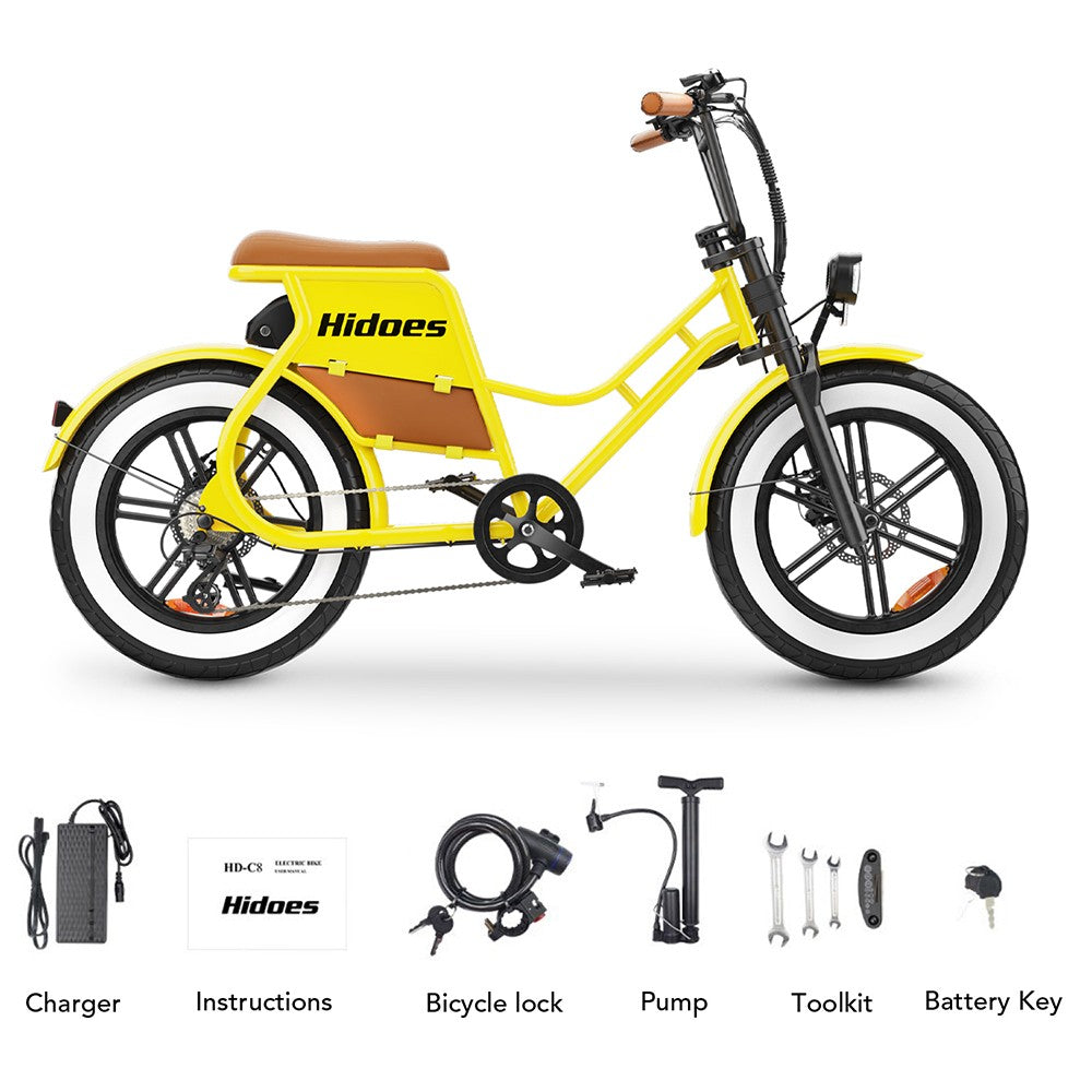 Elektrokolo Hidoes C8, motor 700 W, baterie 48 V 17 Ah, tlusté pneumatiky 20 x 4,0 palce, maximální rychlost 40 km/h, dojezd 55 km, přední a zadní kotoučové brzdy, hydraulické tlumení, řazení Shimano 7 rychlostí