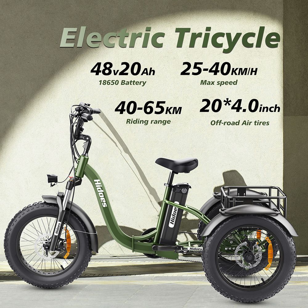 Elektrická tříkolka Hidoes HD-ET1 se zadním nosičem, motor 750 W, baterie 48 V 20 Ah, pneumatiky 20 x 4,0 palce, maximální rychlost 40 km/h, dojezd 65 km, 3 mechanické kotoučové brzdy, odpružená přední vidlice, 7stupňová převodovka