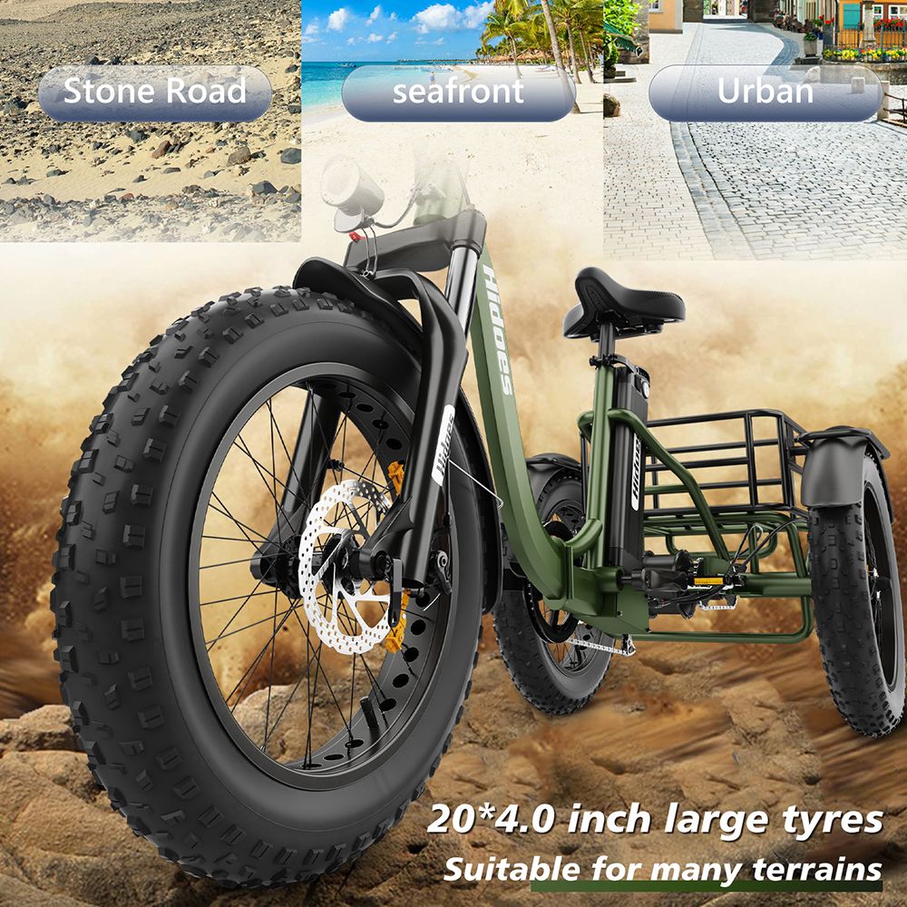 Elektrická tříkolka Hidoes HD-ET1 se zadním nosičem, motor 750 W, baterie 48 V 20 Ah, pneumatiky 20 x 4,0 palce, maximální rychlost 40 km/h, dojezd 65 km, 3 mechanické kotoučové brzdy, odpružená přední vidlice, 7stupňová převodovka