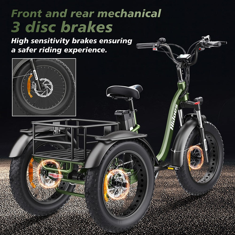 Elektrická tříkolka Hidoes HD-ET1 se zadním nosičem, motor 750 W, baterie 48 V 20 Ah, pneumatiky 20 x 4,0 palce, maximální rychlost 40 km/h, dojezd 65 km, 3 mechanické kotoučové brzdy, odpružená přední vidlice, 7stupňová převodovka