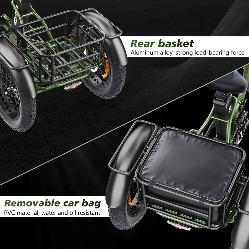 Elektrická tříkolka Hidoes HD-ET1 se zadním nosičem, motor 750 W, baterie 48 V 20 Ah, pneumatiky 20 x 4,0 palce, maximální rychlost 40 km/h, dojezd 65 km, 3 mechanické kotoučové brzdy, odpružená přední vidlice, 7stupňová převodovka