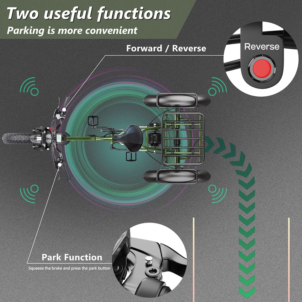 Elektrická tříkolka Hidoes HD-ET1 se zadním nosičem, motor 750 W, baterie 48 V 20 Ah, pneumatiky 20 x 4,0 palce, maximální rychlost 40 km/h, dojezd 65 km, 3 mechanické kotoučové brzdy, odpružená přední vidlice, 7stupňová převodovka
