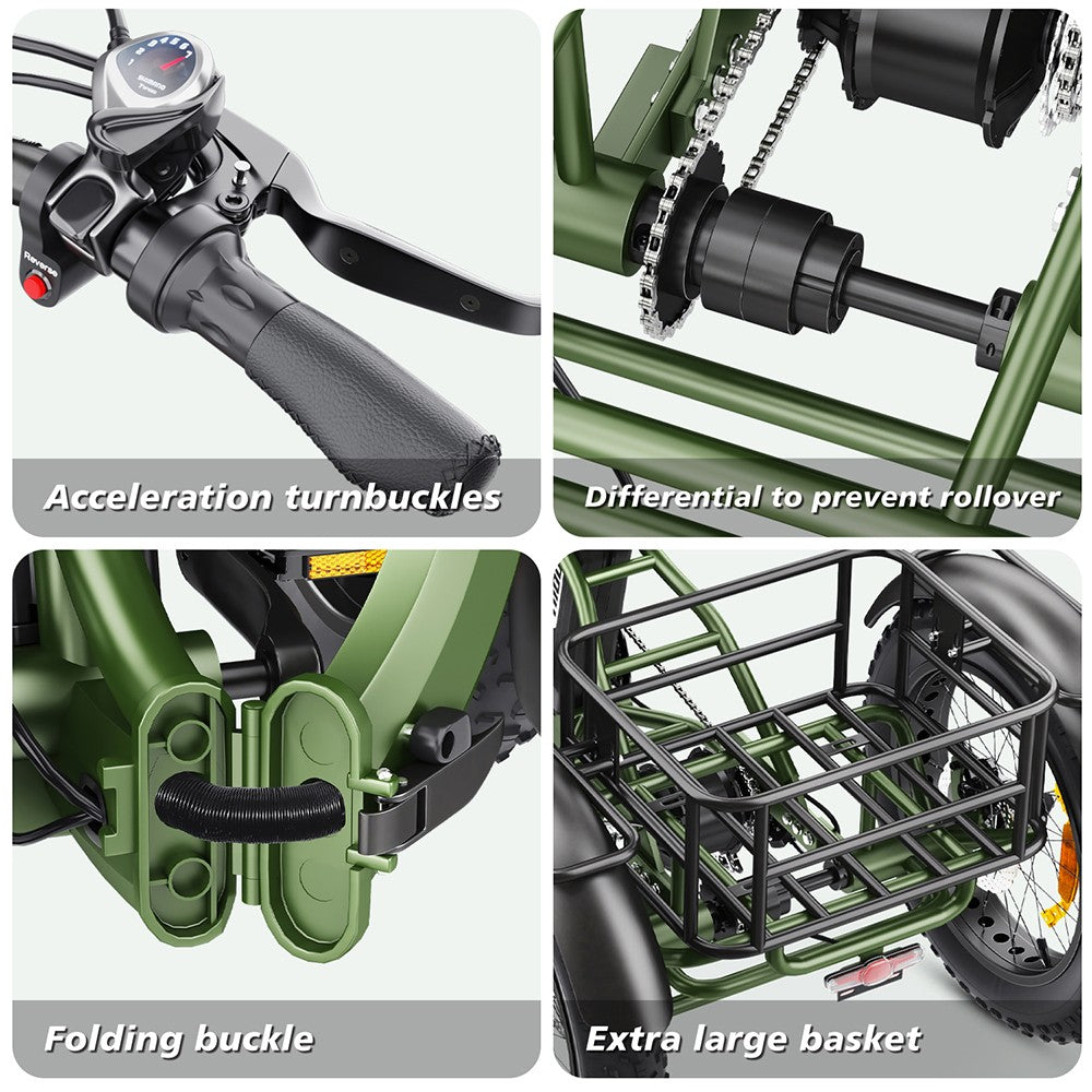 Elektrická tříkolka Hidoes HD-ET1 se zadním nosičem, motor 750 W, baterie 48 V 20 Ah, pneumatiky 20 x 4,0 palce, maximální rychlost 40 km/h, dojezd 65 km, 3 mechanické kotoučové brzdy, odpružená přední vidlice, 7stupňová převodovka