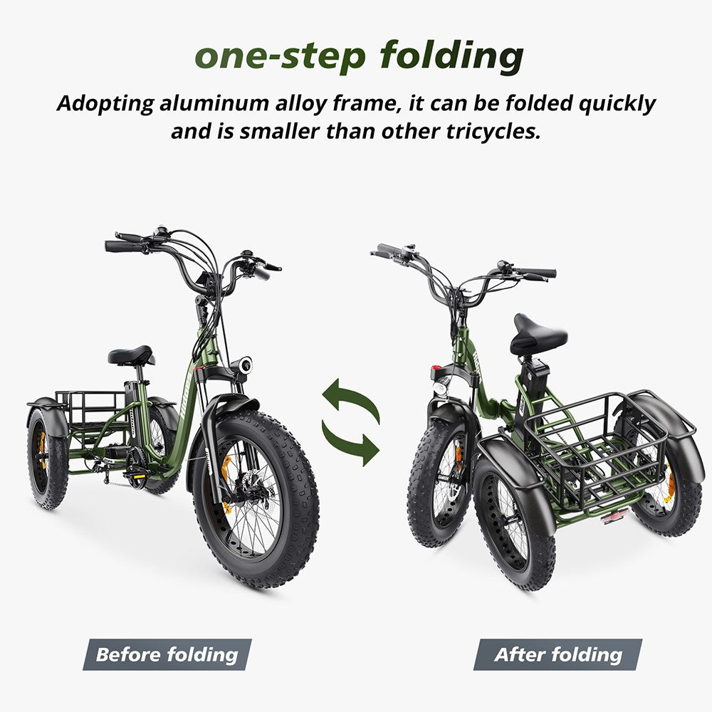 Elektrická tříkolka Hidoes HD-ET1 se zadním nosičem, motor 750 W, baterie 48 V 20 Ah, pneumatiky 20 x 4,0 palce, maximální rychlost 40 km/h, dojezd 65 km, 3 mechanické kotoučové brzdy, odpružená přední vidlice, 7stupňová převodovka