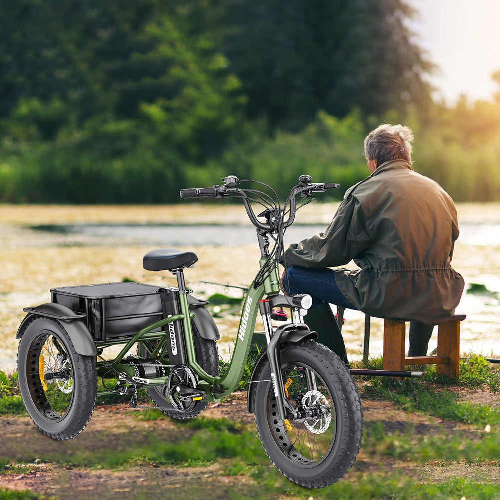 Elektrická tříkolka Hidoes HD-ET1 se zadním nosičem, motor 750 W, baterie 48 V 20 Ah, pneumatiky 20 x 4,0 palce, maximální rychlost 40 km/h, dojezd 65 km, 3 mechanické kotoučové brzdy, odpružená přední vidlice, 7stupňová převodovka