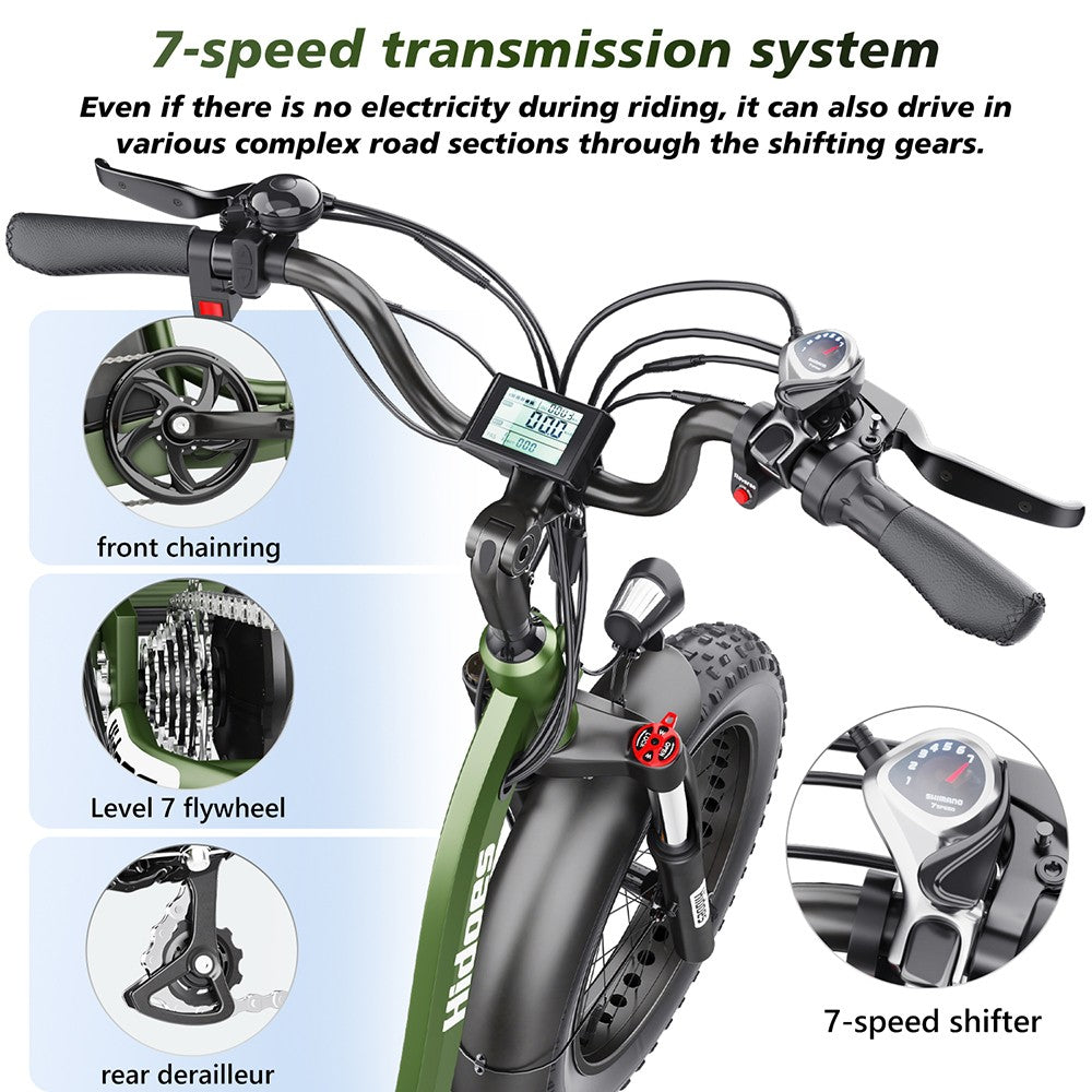 Elektrická tříkolka Hidoes HD-ET1 se zadním nosičem, motor 750 W, baterie 48 V 20 Ah, pneumatiky 20 x 4,0 palce, maximální rychlost 40 km/h, dojezd 65 km, 3 mechanické kotoučové brzdy, odpružená přední vidlice, 7stupňová převodovka