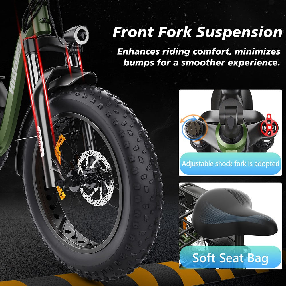 Elektrická tříkolka Hidoes HD-ET1 se zadním nosičem, motor 750 W, baterie 48 V 20 Ah, pneumatiky 20 x 4,0 palce, maximální rychlost 40 km/h, dojezd 65 km, 3 mechanické kotoučové brzdy, odpružená přední vidlice, 7stupňová převodovka