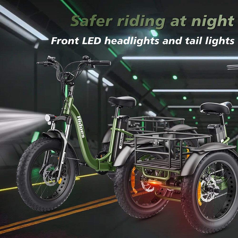 Elektrická tříkolka Hidoes HD-ET1 se zadním nosičem, motor 750 W, baterie 48 V 20 Ah, pneumatiky 20 x 4,0 palce, maximální rychlost 40 km/h, dojezd 65 km, 3 mechanické kotoučové brzdy, odpružená přední vidlice, 7stupňová převodovka