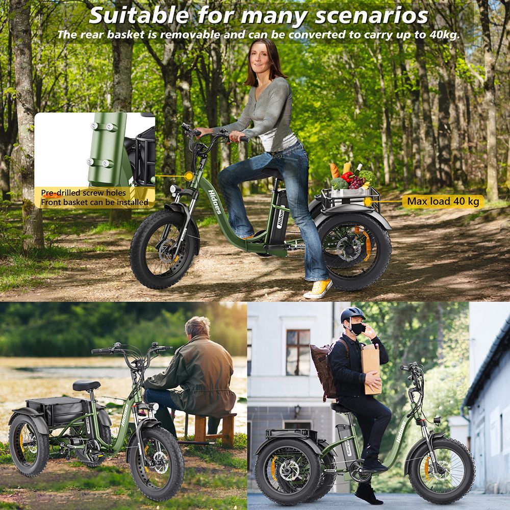 Elektrická tříkolka Hidoes HD-ET1 se zadním nosičem, motor 750 W, baterie 48 V 20 Ah, pneumatiky 20 x 4,0 palce, maximální rychlost 40 km/h, dojezd 65 km, 3 mechanické kotoučové brzdy, odpružená přední vidlice, 7stupňová převodovka