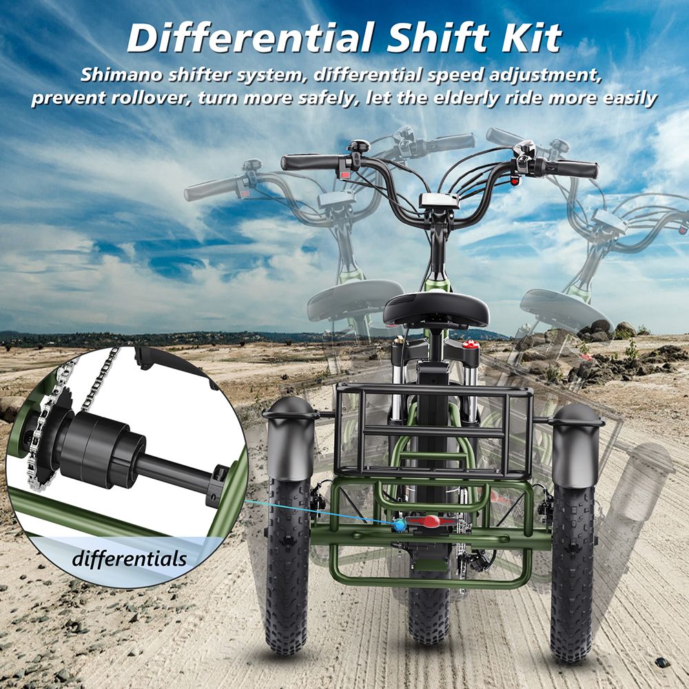 Elektrická tříkolka Hidoes HD-ET1 se zadním nosičem, motor 750 W, baterie 48 V 20 Ah, pneumatiky 20 x 4,0 palce, maximální rychlost 40 km/h, dojezd 65 km, 3 mechanické kotoučové brzdy, odpružená přední vidlice, 7stupňová převodovka