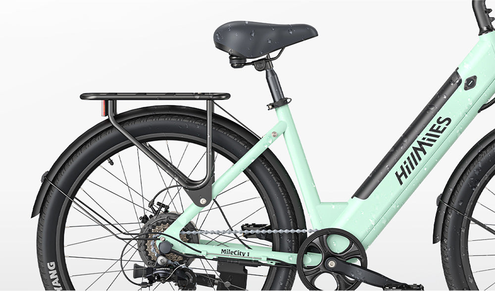 Elektrické kolo HillMiles MileCity1, motor 250 W, baterie 36 V 13 Ah, pneumatiky 26 palců, maximální rychlost 32 km/h, maximální dojezd 100 km, řazení Shimano 7 rychlostí, mechanická kotoučová brzda, odpružená přední vidlice, vodotěsnost IP65 - šedá