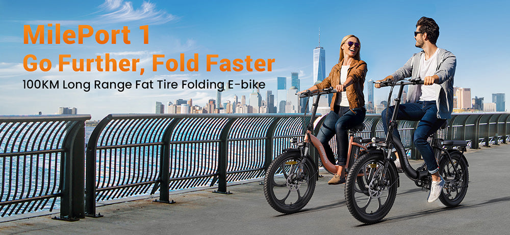 Elektrické kolo HillMiles MilePort 1, motor 250 W, baterie 36 V 13 Ah, pneumatiky 20 x 3,0 palce, maximální rychlost 25 km/h, maximální dojezd 100 km, odpružená přední vidlice, mechanická kotoučová brzda, řazení Shimano 7 rychlostí - červené