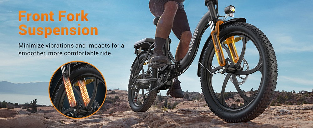 Elektrické kolo HillMiles MilePort 1, motor 250 W, baterie 36 V 13 Ah, pneumatiky 20 x 3,0 palce, maximální rychlost 25 km/h, maximální dojezd 100 km, odpružená přední vidlice, mechanická kotoučová brzda, řazení Shimano 7 rychlostí - červené