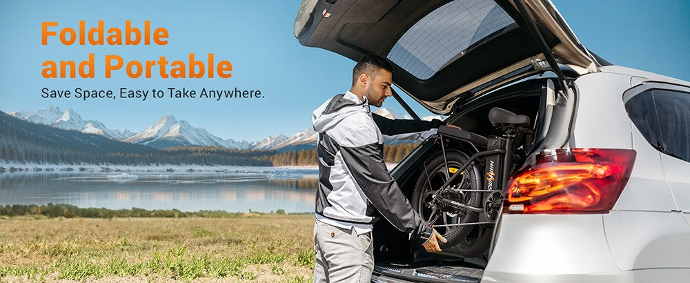 Elektrické kolo HillMiles MilePort 1, motor 250 W, baterie 36 V 13 Ah, pneumatiky 20 x 3,0 palce, maximální rychlost 25 km/h, maximální dojezd 100 km, odpružená přední vidlice, mechanická kotoučová brzda, řazení Shimano 7 rychlostí - červené