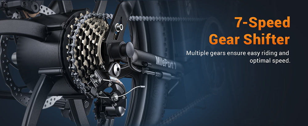 Elektrické kolo HillMiles MilePort 1, motor 250 W, baterie 36 V 13 Ah, pneumatiky 20 x 3,0 palce, maximální rychlost 25 km/h, maximální dojezd 100 km, odpružená přední vidlice, mechanická kotoučová brzda, řazení Shimano 7 rychlostí - červené