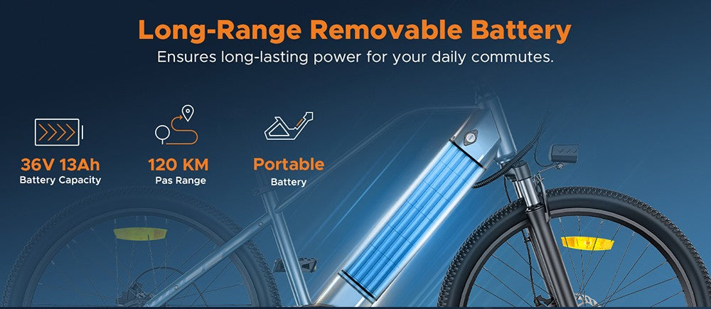 Elektrické kolo HillMiles MileTrail 1, motor 250 W, baterie 36 V 13 Ah, pneumatiky 26 x 1,95 palce, maximální rychlost 25 km/h, maximální dojezd 120 km, hydraulické kotoučové brzdy, odpružená přední vidlice, 7stupňová řadicí páka - šedá