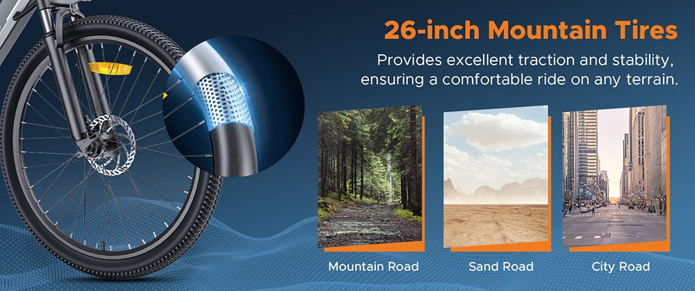 Elektrické kolo HillMiles MileTrail 1, motor 250 W, baterie 36 V 13 Ah, pneumatiky 26 x 1,95 palce, maximální rychlost 25 km/h, maximální dojezd 120 km, hydraulické kotoučové brzdy, odpružená přední vidlice, 7stupňová řadicí páka - šedá