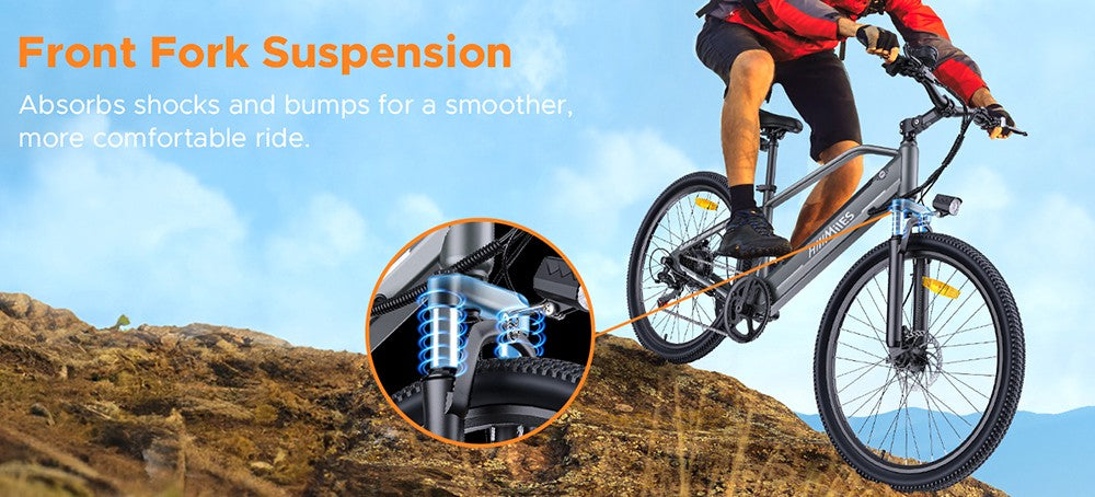 Elektrické kolo HillMiles MileTrail 1, motor 250 W, baterie 36 V 13 Ah, pneumatiky 26 x 1,95 palce, maximální rychlost 25 km/h, maximální dojezd 120 km, hydraulické kotoučové brzdy, odpružená přední vidlice, 7stupňová řadicí páka - šedá