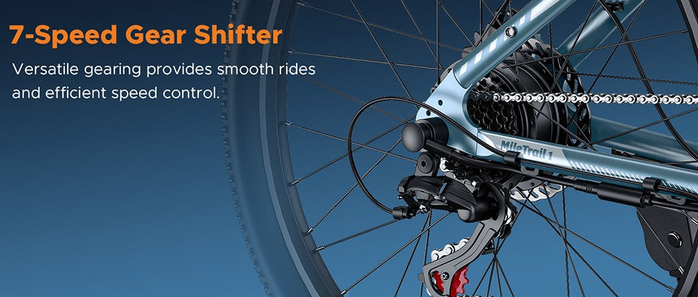 Elektrické kolo HillMiles MileTrail 1, motor 250 W, baterie 36 V 13 Ah, pneumatiky 26 x 1,95 palce, maximální rychlost 25 km/h, maximální dojezd 120 km, hydraulické kotoučové brzdy, odpružená přední vidlice, 7stupňová řadicí páka - šedá