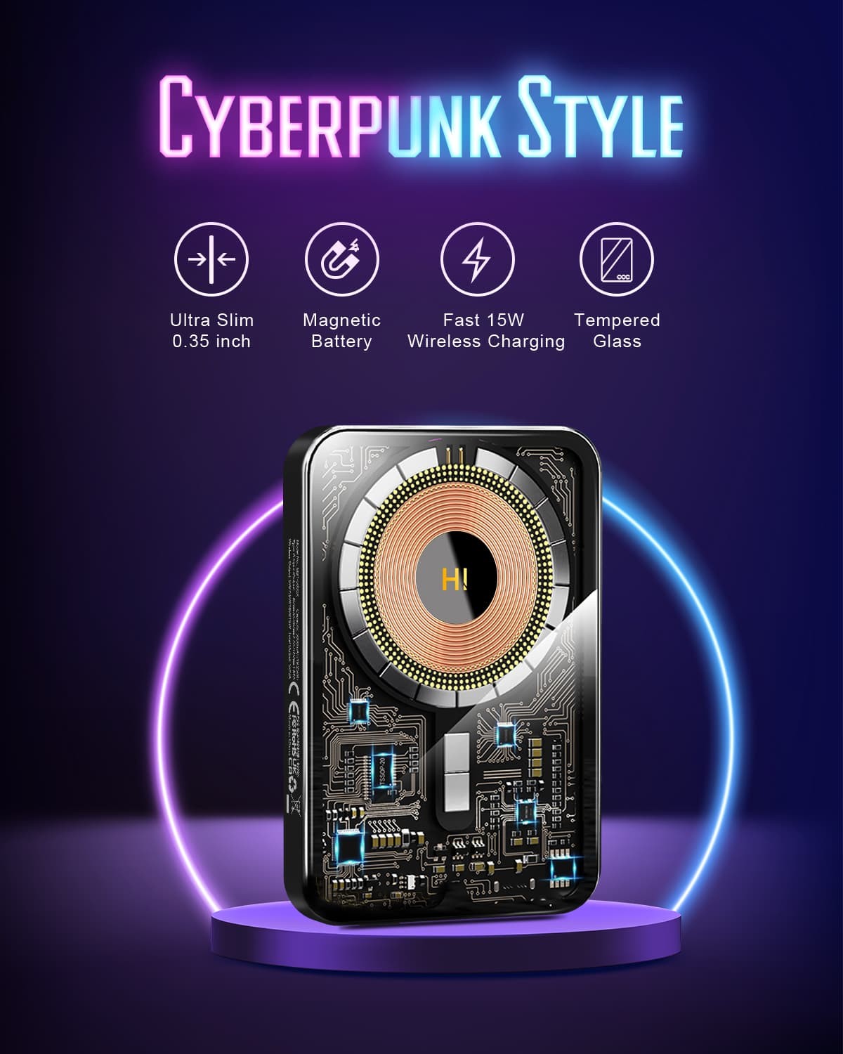 Bezdrátová přenosná nabíječka HINOVO MB1-5000xb, magnetická bezdrátová powerbanka 5000 mAh, rychlé nabíjení PD 20 W, kyberpunkový styl