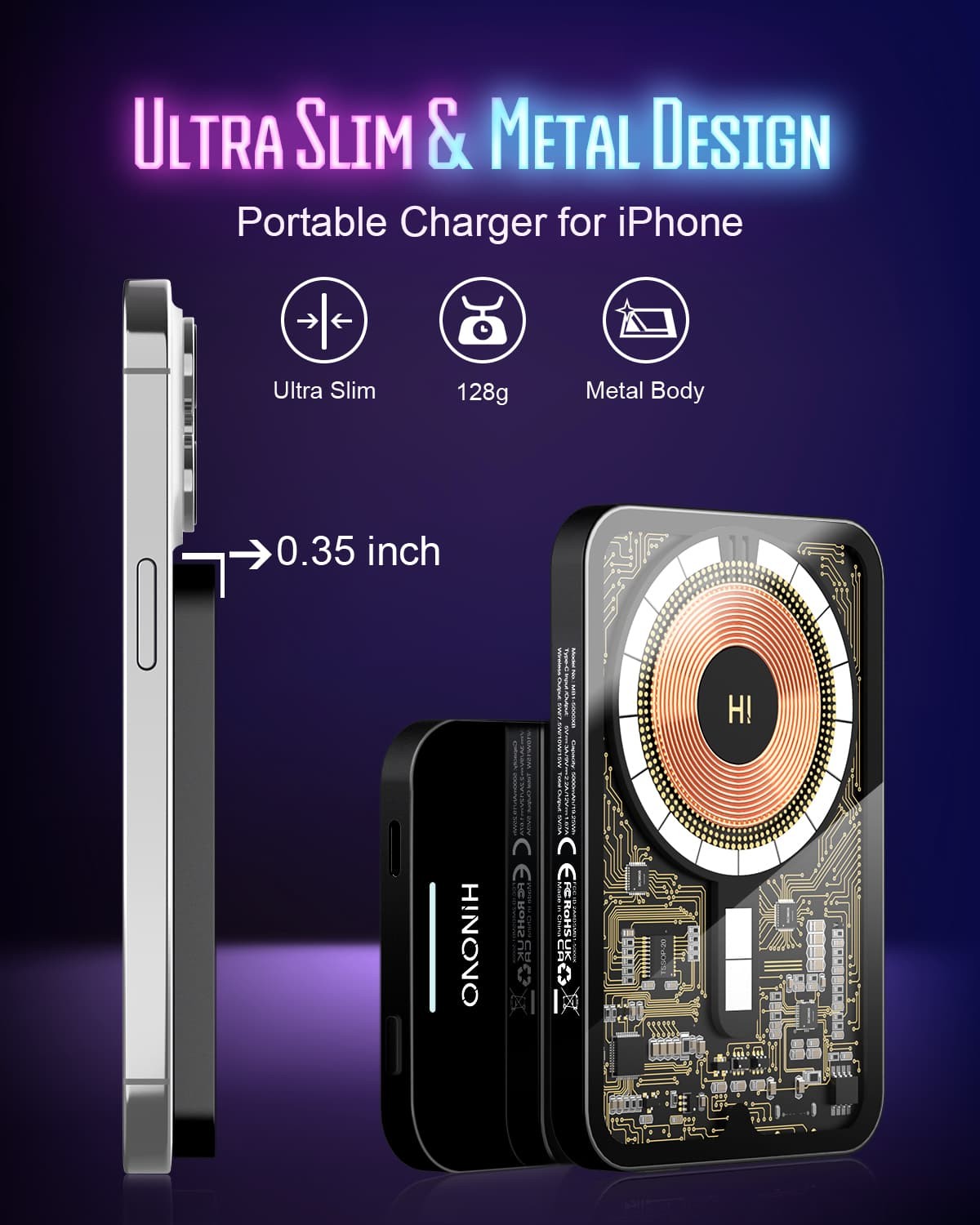 Bezdrátová přenosná nabíječka HINOVO MB1-5000xb, magnetická bezdrátová powerbanka 5000 mAh, rychlé nabíjení PD 20 W, kyberpunkový styl